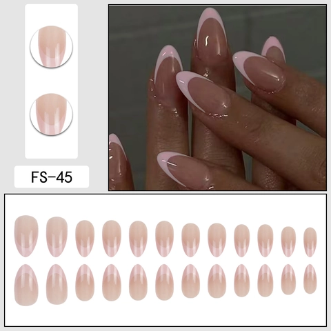 Unghie Finte French Tip Rosa Bianco Forma A Mandorla Lucide Unghie Artificiali Per Donne