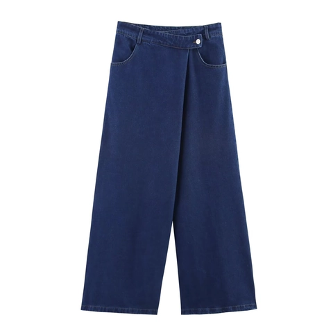 High Waist Asymmetrische Wickel Jeans Damen Washed Blue Straight Leg Wide Pants Baumwolle Retro Casual Streetwear