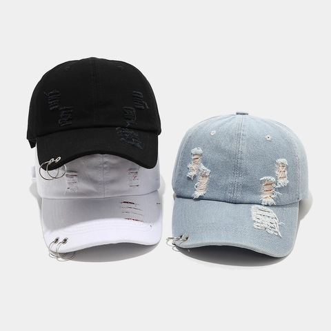 Berretto Da Baseball In Denim Distressed Cotone Con Anelli Di Metallo Strappato Streetwear Hip Hop Cappello Sole