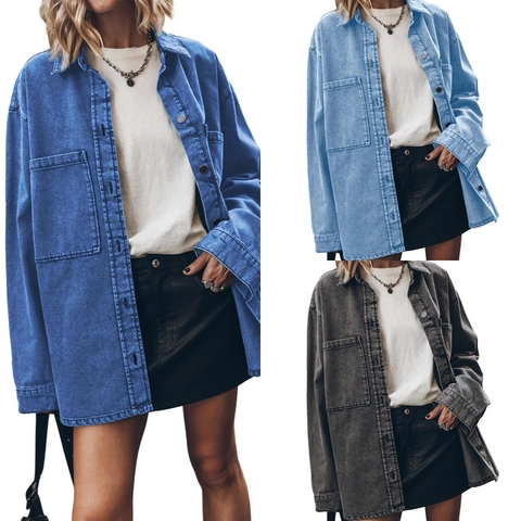 Chaqueta Camisa De Mezclilla Para Mujer Lavado Vintage Algodón Poliéster Solapa Una Sola Fila Oversize Bolsillos Grandes