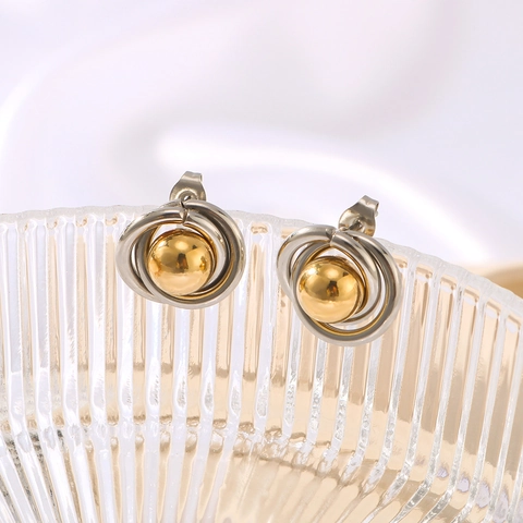 Minimalistische Geometrische Planeten Ohrstecker 18K Vergoldeter Edelstahl Zweifarbig Rund Kugel Schmuck Für Damen