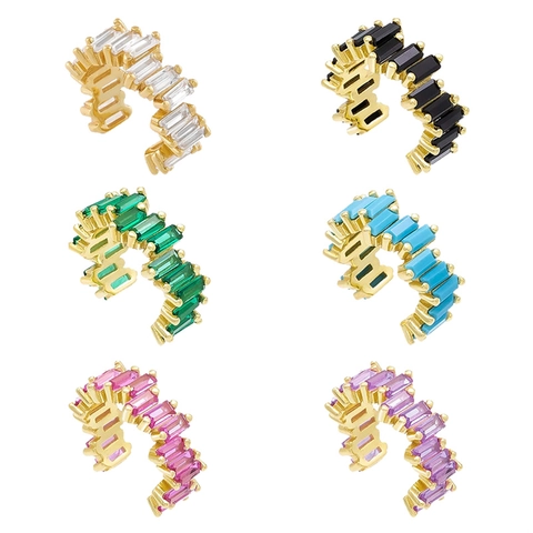Baguette Cut Cubic Zirconia Ear Cuff 18K Gold Plated Copper Geometric Multi Color Clip On Earrings For Women