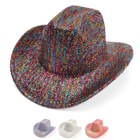 Western Cowboy Hat Glitter Metallic Sequin Wide Brim Colorful Performance Party Stage Festival Hat
