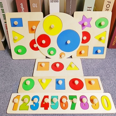 Wooden Puzzle Board Montessori Learning Toy Numbers Alphabets Geometric Shapes Recognition Early Education For Toddlers Colorful