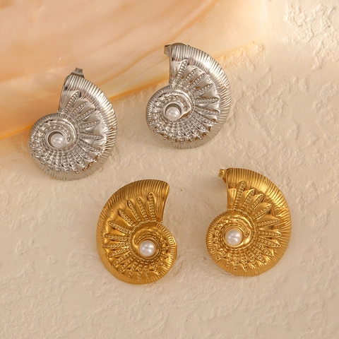 Nautilus Muschel Ohrstecker Edelstahl 18K Vergoldet Spirale Kunstperle Vintage Französischer Stil Damen