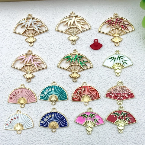 Chinesischer Stil Emaille Fächer Anhänger Legierung Bambus Blumen Schmuckverbinder DIY Handgemachtes Zubehör Traditionelles Design