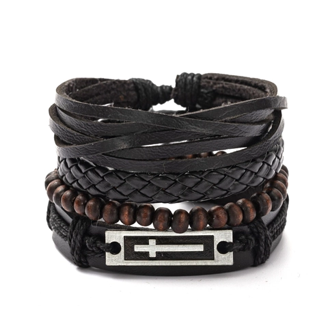 Juego de Pulseras de Cuero Multicapa Retro para Hombre Con Cuentas de Madera Cruz de Aleación Estilo Punk Ajustable Joyería