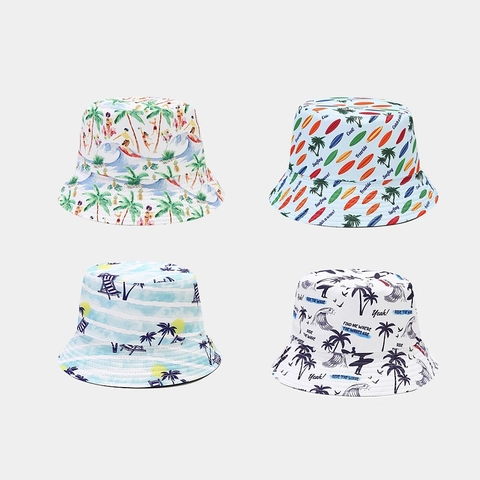 Chapeau Bob Coton Polyester Protection Solaire Été Plage Vacances Imprimé Palmier Tropical Réversible Décontracté Unisexe