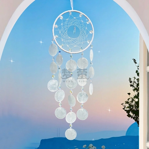 Shell Dream Catcher Wind Chime Natural Shell Crystal Beads Hand Woven Moon Pendant Nordic Style Bedroom Wall Hanging Decor