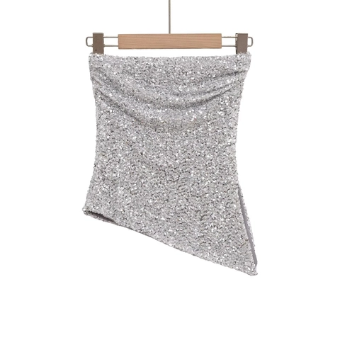 Silver Sequin Tube Top Asymmetrical Hem Strapless Party Sexy Women Sparkly Crop Top