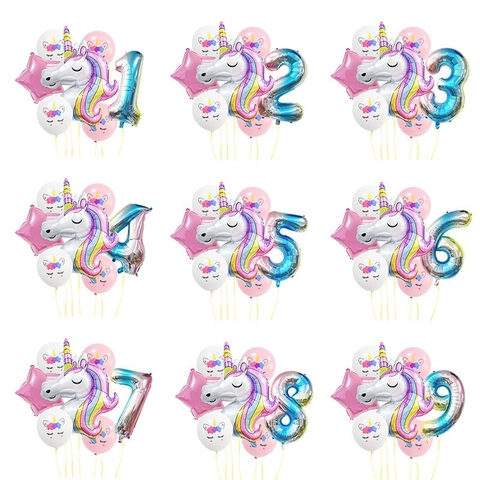 Unicorn Birthday Party Rainbow Gradient Number Aluminum Foil And Latex Balloons For Kids Celebration Decorations