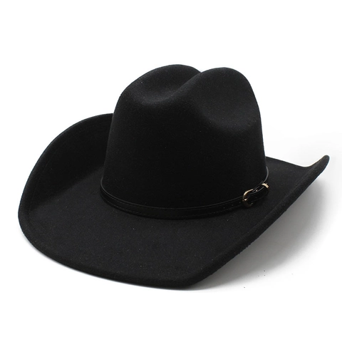 Chapeau De Cow-Boy Western Rétro Feutre Laine Large Bord Avec Ceinture En Cuir Boucle Métallique Classique Ethnique