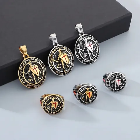 Joyas De Acero Inoxidable Para Hombre Escudo Templario Cruz Roja Colgante Collar Y Anillo Armadura De Dios Religiosa Retro