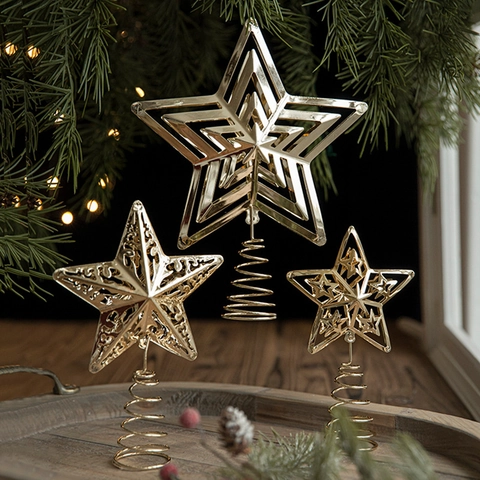 Étoile De Sommet De Sapin De Noël En Fer Doré Ornement De Pentagramme Évidé Filigrané Avec Base À Ressort Pour Décoration