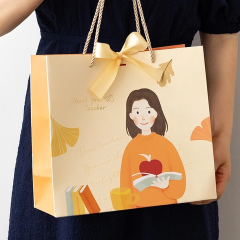 Thank You Teacher Gift Bag White Cardboard Paper Handbag With Bow Ribbon And Braided Handle Cartoon Illustration Souvenir