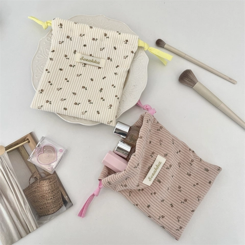 Kord Kordelzug Aufbewahrungsbeutel Blumendruck Vintage Tasche Für Kosmetik Lippenstift Und Reiseutensilien Damen Beutel