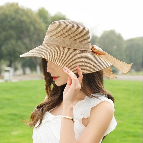 Women Summer Straw Sun Hat Large Wide Brim Beach Packable Breathable Linen Large Bow Decoration Foldable Vacation