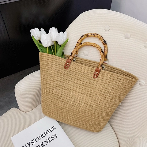 Borsa Tote In Paglia Intrecciata Con Manico In Bambù Grande Capacità Borsa A Mano A Righe Contrastanti Per Donna Estate
