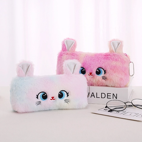 Cute Cat Plush Pencil Case Large Capacity Zippered Gradient Tie Dye Student Stationery Organizer For Girls