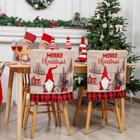 Chemin De Table De Noël Housse De Chaise Set De Table Imitation Lin Motif Gnome Carreau Buffalo Déco De Table Festive