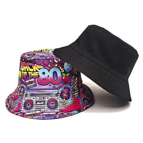 Retro Pop Art Omkeerbare Vissershoed Polyester Zonbescherming Ademend Nostalgische Print Voor Dames Heren