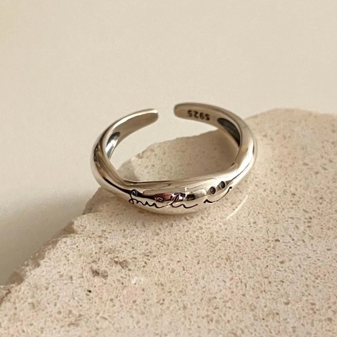 925 Sterling Silver Ring Adjustable Open Smile Face Letter Engraved Irregular Lava Texture Korean Minimalist Jewelry Women
