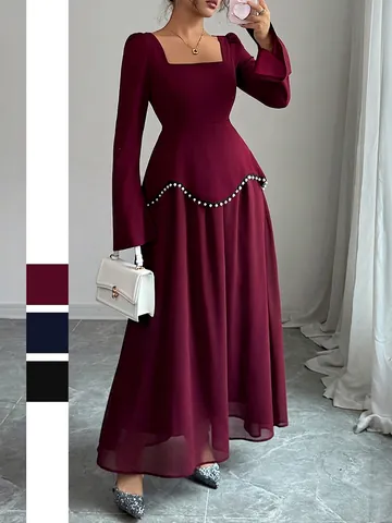Elegant Women Square Neck Long Sleeve Maxi Dress Polyester Artificial Pearl Waist Decoration Evening Party A-Line Solid Color