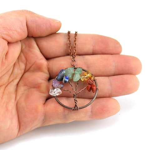 Tree Of Life Pendant Necklace Handmade Wire Wrapped Copper Natural Crushed Stone Crystal Bohemian Reiki Chakra Jewelry For Women