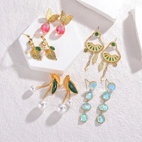 Westliche Retro Bohemian Edelstahl Tropfen Ohrringe Für Damen Luxus Quaste Blatt Schmetterling Strass Künstliche Perle Ohrhänger