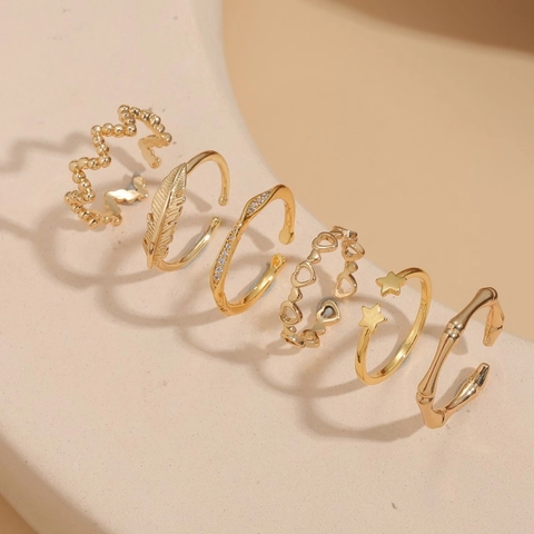 Bagues Ouvertes Ajustables Cuivre Zircon Cœur Plume Bambou Étoile Plaqué Or Bijoux Mode Femmes