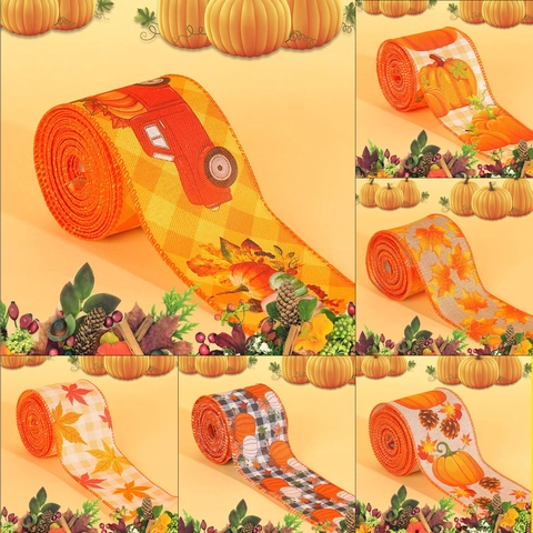 Autumn Decorative Ribbon Polyester Burlap Wired Edge Pumpkin Truck Prints Thanksgiving Harvest Farmhouse Gift Wrapping