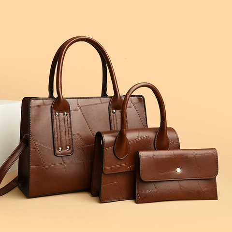 Geometric Stitching PU Leather Tote Handbag And Wallet Retro Rivet Large Capacity Minimalist Women Shoulder Bag