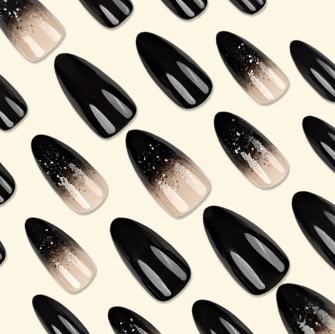 Press On Nagels Amandelvorm Verloop Zwart Ombre Glitter Lange Glanzende Kunstnagels Voor Vrouwen Dagelijks Manicure