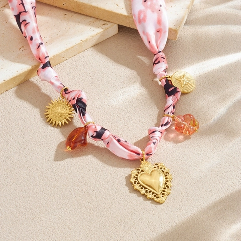 Vintage Stainless Steel Heart Sun Star Pendant Jewelry Set For Women Bohemian Pink Printed Cloth Necklace And Bracelet