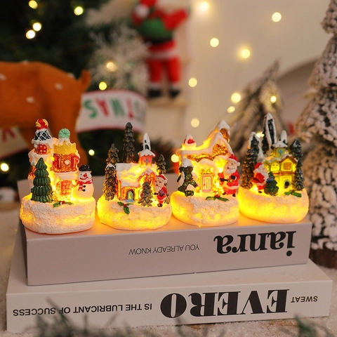 LED Weihnachten Miniatur Lebkuchenhaus Harz Ornament Weihnachtsmann Schneemann Leuchtende Tischdekoration Warmes Licht Geschenk