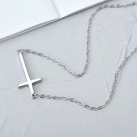 Minimalistische Kupfer Versilbert Horizontale Kreuz Anhänger Halskette Für Damen Elegant Chic O-Kette Schlüsselbein Kette Schmuck