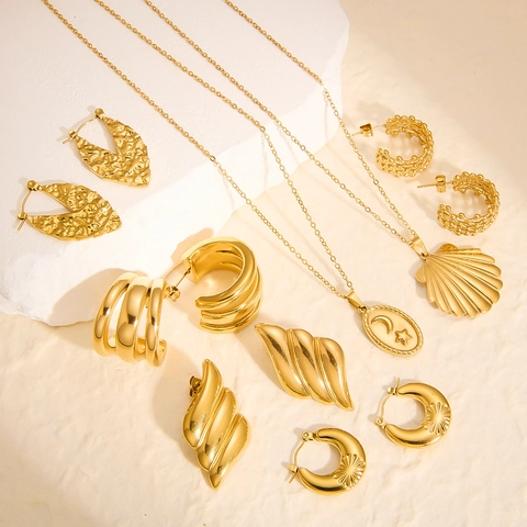 Orecchini In Acciaio Inossidabile Placcato Oro 18K PVD Impermeabile Ipoallergenico Geometrico Cavo Strutturato Gioielli Moda Donna
