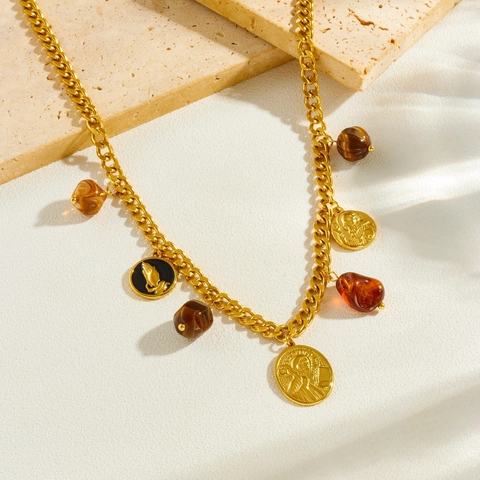 Collana E Bracciale In Acciaio Inossidabile Placcato Oro Con Ciondoli Monete Rilievo Perline Resina Donna