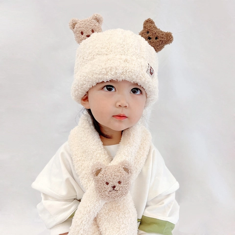 Baby Kinder Winter Mütze Und Schal Warm Plüsch Bärenohren Gestrickte Beanie Nackenwärmer Verdickt