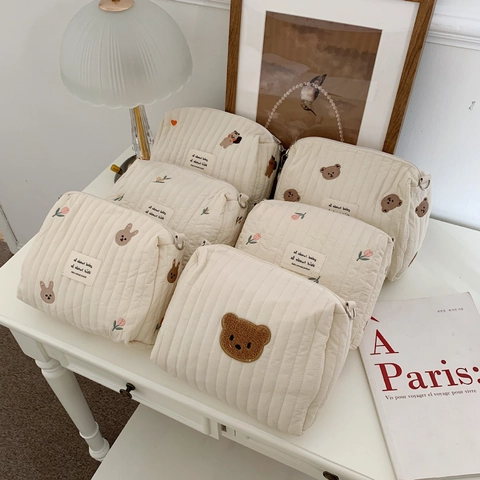 Quilted Cotton Stroller Hanging Organizer Bag Embroidery Bear Tulip Cartoon Zipper Makeup Storage Handbag Cream