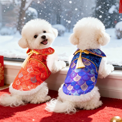 Chinese Style Pet Tang Suit Brocade Flannel Sequin Warm Winter New Year Clothes For Small Dogs Cats With D Ring Tassel