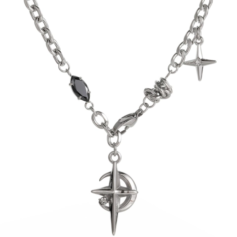 Edelstahlkette Mit Schwarzem Edelstein Stern Mond Anhänger Hip Hop Gothic Punk Streetwear Schmuck Für Herren Damen
