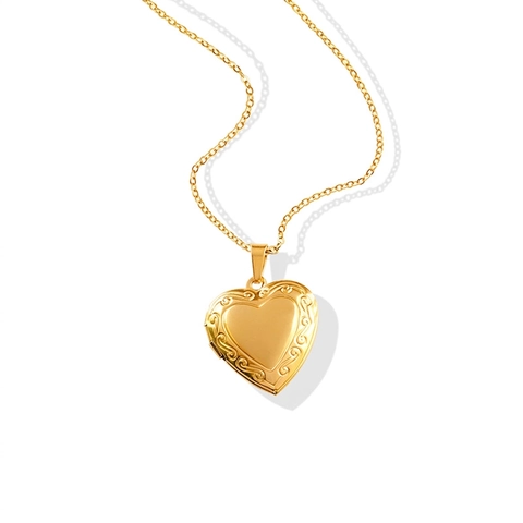 Collier Médaillon Cœur Vintage Plaqué Or 18K Acier Inoxydable Cadre Photo Ouvrable Pendentif Gaufré Style Français Femmes