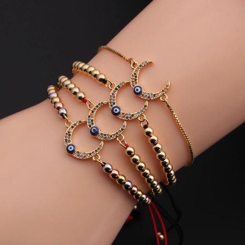 Bohemian Moon Evil Eye Bracelet Copper Adjustable Colorful Zirconia Ethnic Charm Jewelry For Women