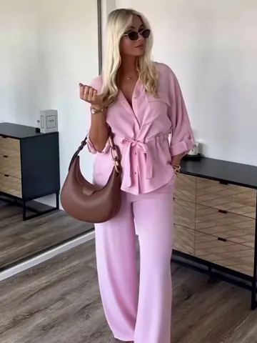 Women Long Sleeve Lapel Shirt And Wide Leg Pants Outfit Solid Color Waist Tie Streetwear Casual Fashionable