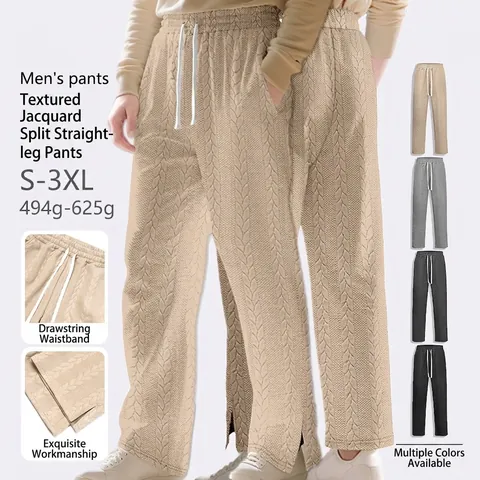 Men Casual Pants Knit Jacquard Cable Texture Drawstring Straight Wide Leg Solid Color Side Split Trousers
