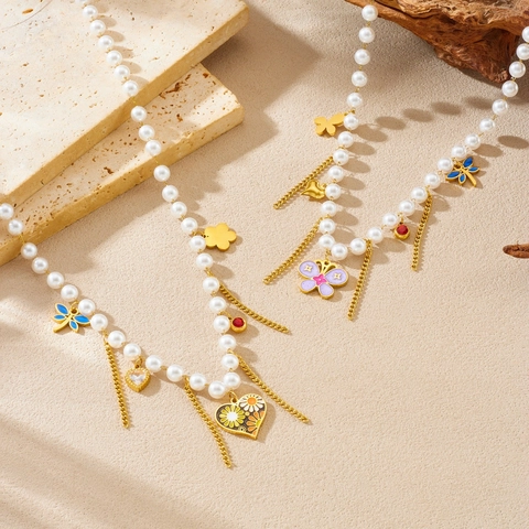 Imitation Artificial Pearl Beaded Necklace Stainless Steel Butterfly Heart Flower Pendant With Tassel Enamel Jewelry For Women