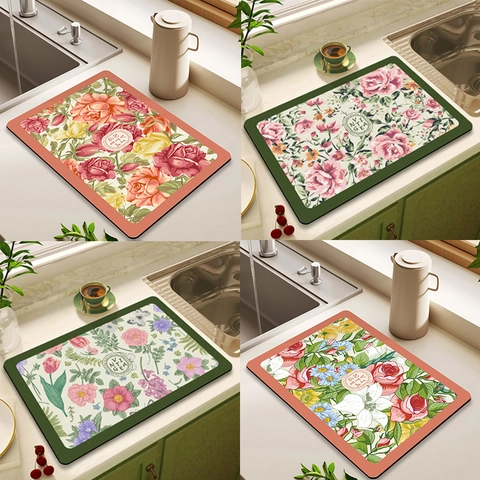 Tappetino Scolapiatti Vintage Floreale Super Assorbente Cucina Piano Lavoro Asciugatura Rapida Antiscivolo Rettangolare