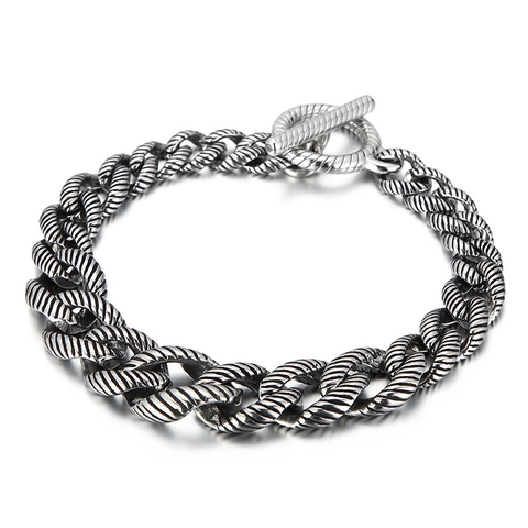 Men Cuban Chain Bracelet 316L Stainless Steel Retro Striped Polished Minimalist Jewelry With Toggle Clasp