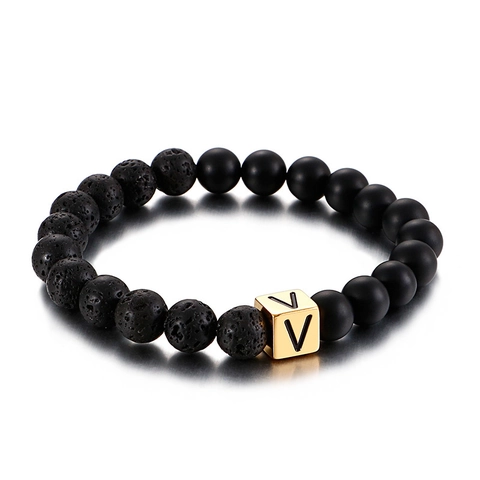 Retro Beaded Bracelet Lava Stone Matte Agate With Stainless Steel Square Alphabet Initial Letter For Unisex